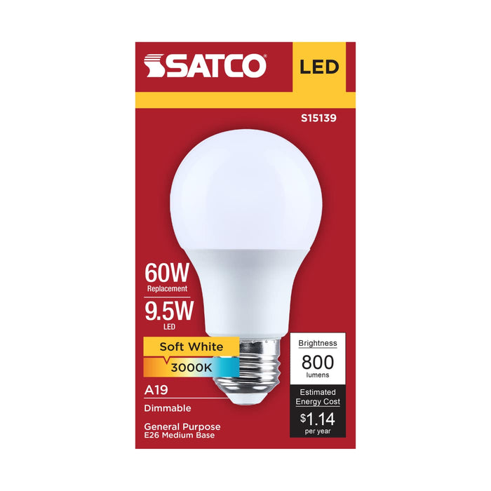 SATCO/NUVO 9.5W LED A19 Medium E26 Base 3000K 80 CRI Plastic Dimmable 120V (S15139)