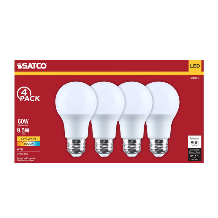 SATCO/NUVO 9.5W LED A19 Medium E26 Base 3000K 80 CRI Plastic Dimmable 120V 4-Pack (S15140)