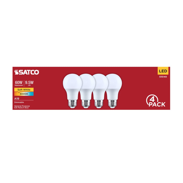 SATCO/NUVO 9.5W LED A19 Medium E26 Base 3000K 80 CRI Plastic Dimmable 120V 4-Pack (S15140)