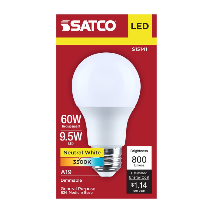 SATCO/NUVO 9.5W LED A19 Medium E26 Base 3500K 80 CRI Plastic Dimmable 120V (S15141)