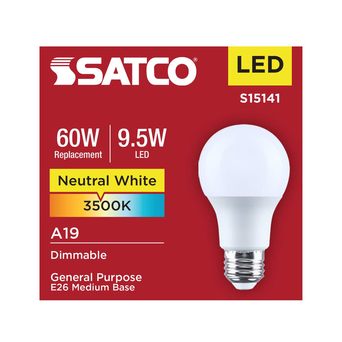 SATCO/NUVO 9.5W LED A19 Medium E26 Base 3500K 80 CRI Plastic Dimmable 120V (S15141)