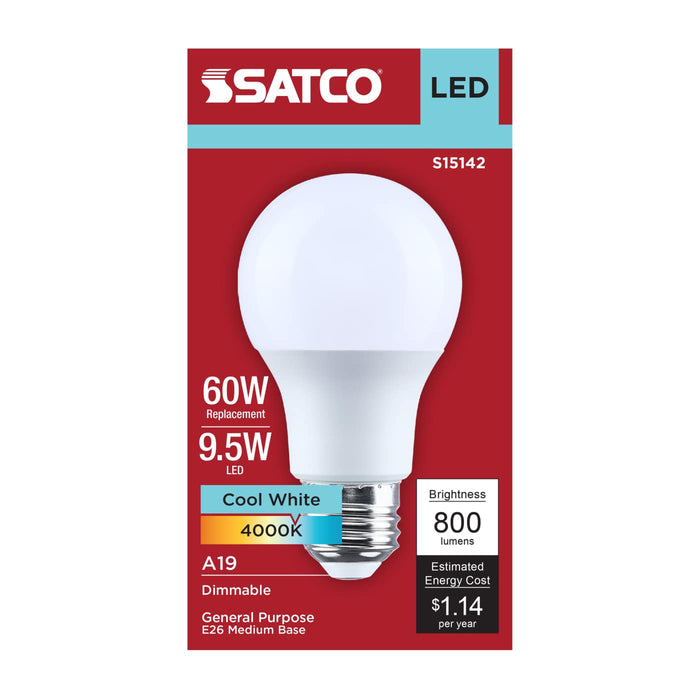 SATCO/NUVO 9.5W LED A19 Medium E26 Base 4000K 80 CRI Plastic Dimmable 120V (S15142)