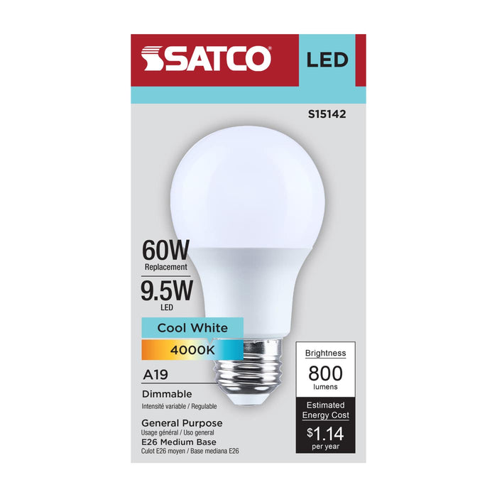 SATCO/NUVO 9.5W LED A19 Medium E26 Base 4000K 80 CRI Plastic Dimmable 120V (S15142)
