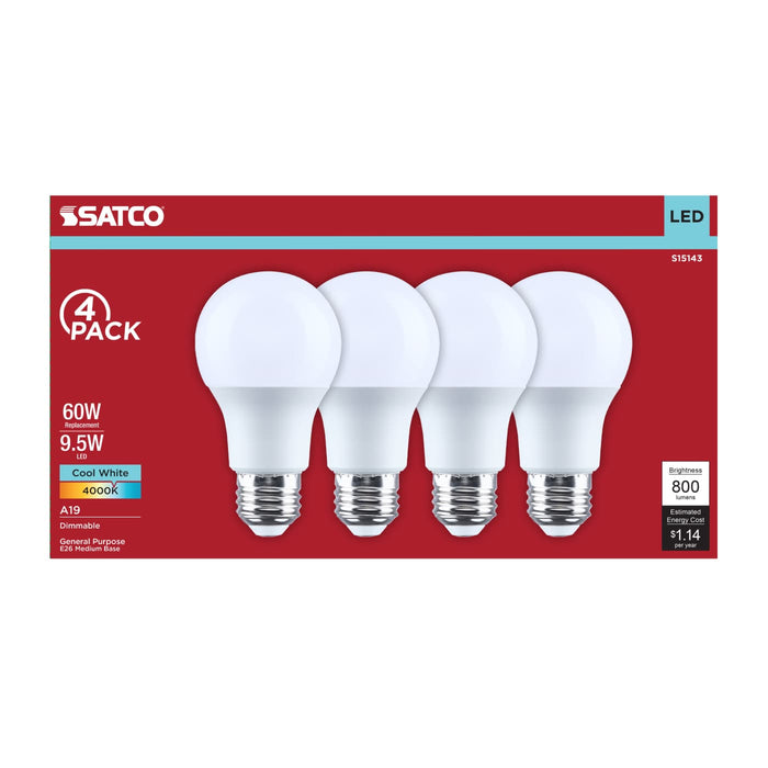 SATCO/NUVO 9.5W LED A19 Medium E26 Base 4000K 80 CRI Plastic Dimmable 120V 4-Pack (S15143)