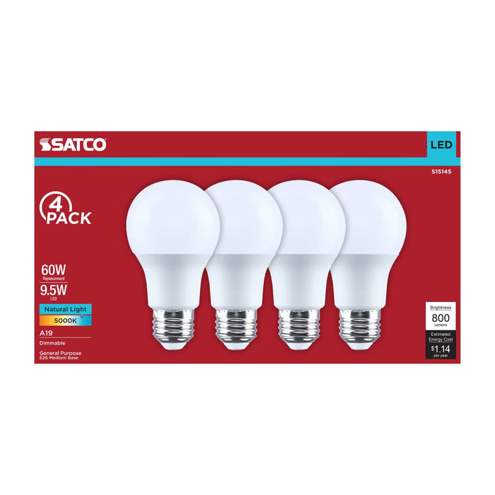 SATCO/NUVO 9.5W LED A19 Medium E26 Base 5000K 80 CRI Plastic Dimmable 120V 4-Pack (S15145)