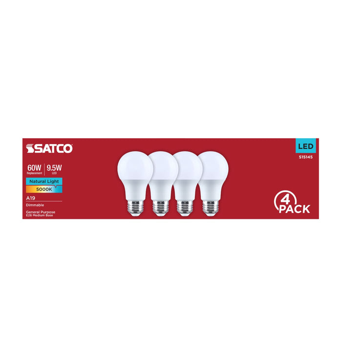 SATCO/NUVO 9.5W LED A19 Medium E26 Base 5000K 80 CRI Plastic Dimmable 120V 4-Pack (S15145)