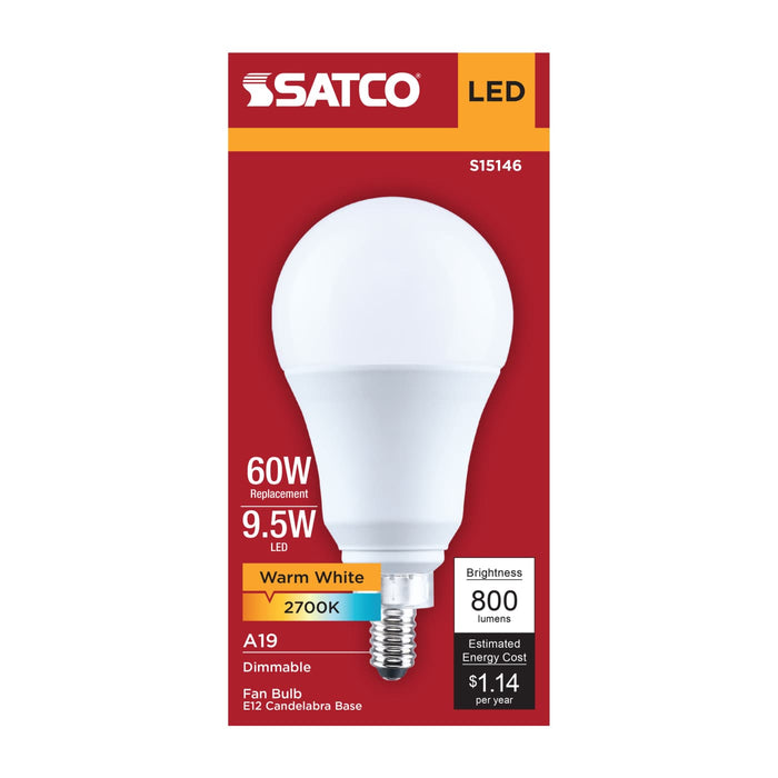 SATCO/NUVO 9.5W LED A19 Candelabra E12 Base 2700K 80 CRI Plastic Dimmable 120V (S15146)
