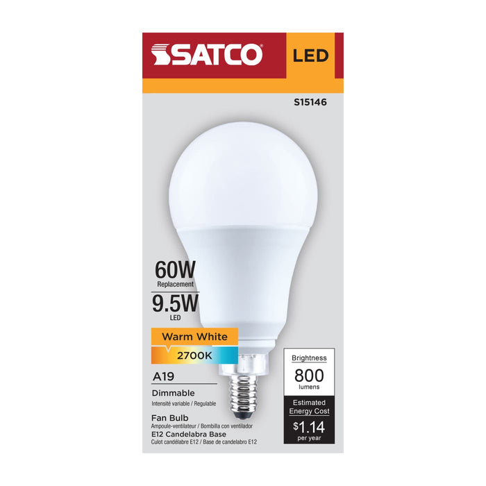 SATCO/NUVO 9.5W LED A19 Candelabra E12 Base 2700K 80 CRI Plastic Dimmable 120V (S15146)