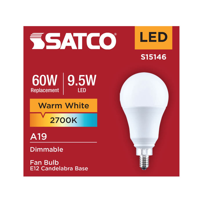 SATCO/NUVO 9.5W LED A19 Candelabra E12 Base 2700K 80 CRI Plastic Dimmable 120V (S15146)