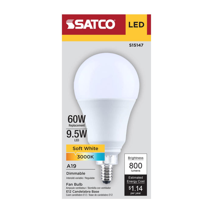 SATCO/NUVO 9.5W LED A19 Candelabra E12 Base 3000K 80 CRI Plastic Dimmable 120V (S15147)