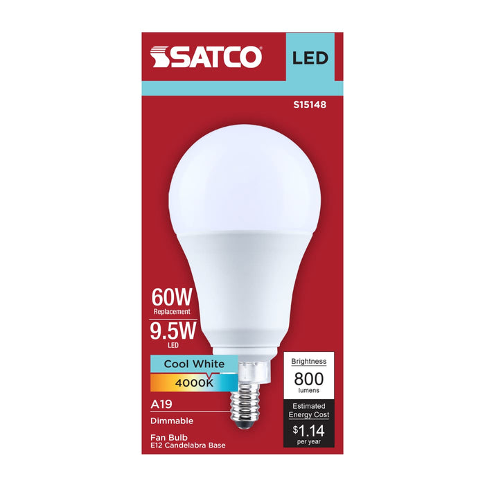 SATCO/NUVO 9.5W LED A19 Candelabra E12 Base 4000K 80 CRI Plastic Dimmable 120V (S15148)