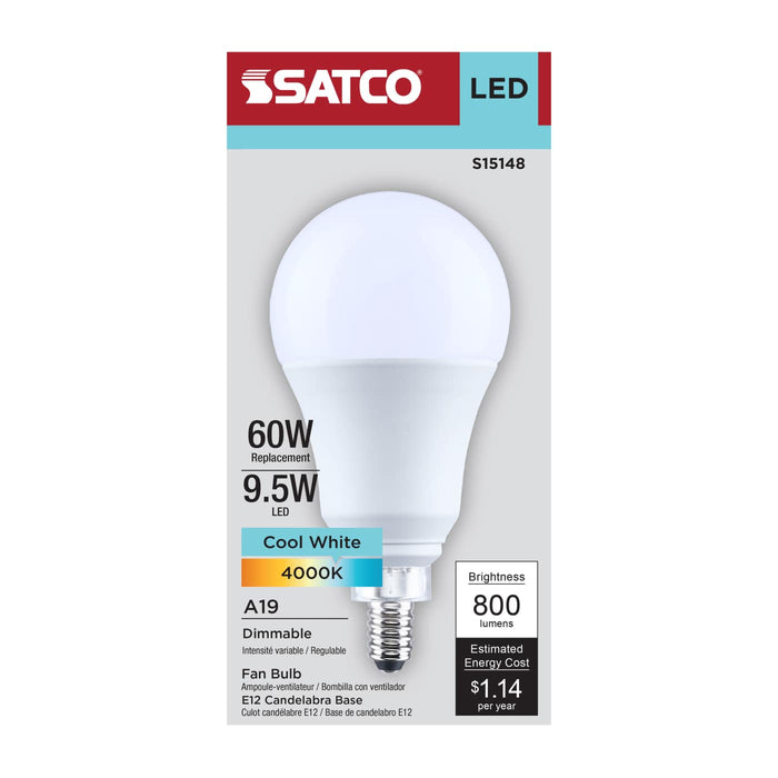 SATCO/NUVO 9.5W LED A19 Candelabra E12 Base 4000K 80 CRI Plastic Dimmable 120V (S15148)