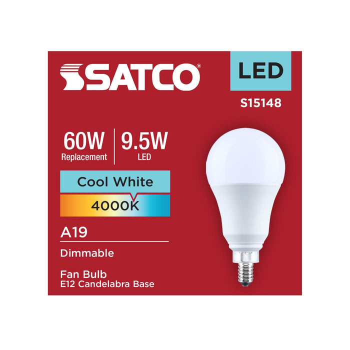 SATCO/NUVO 9.5W LED A19 Candelabra E12 Base 4000K 80 CRI Plastic Dimmable 120V (S15148)