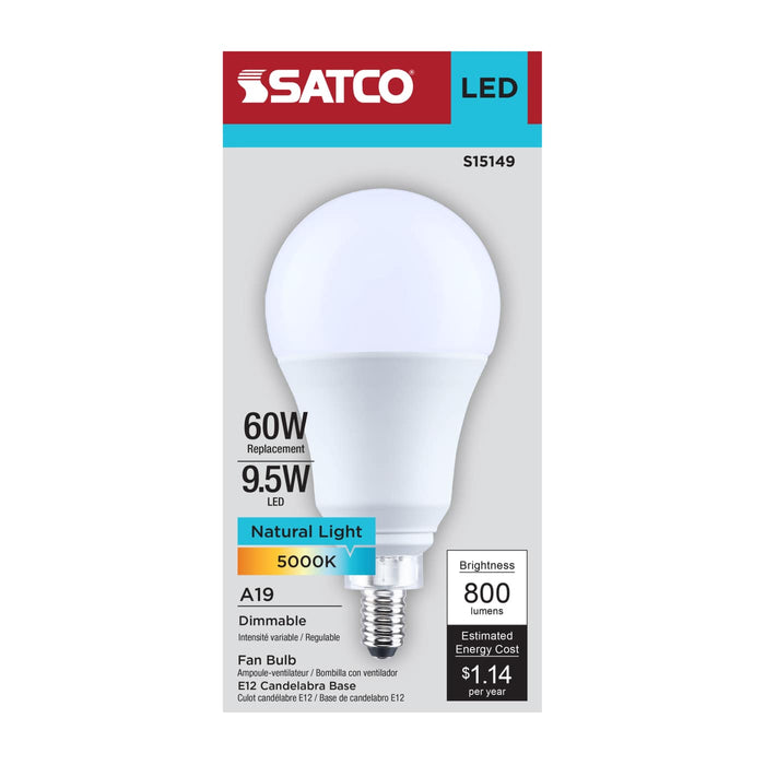 SATCO/NUVO 9.5W LED A19 Candelabra E12 Base 5000K 80 CRI Plastic Dimmable 120V (S15149)