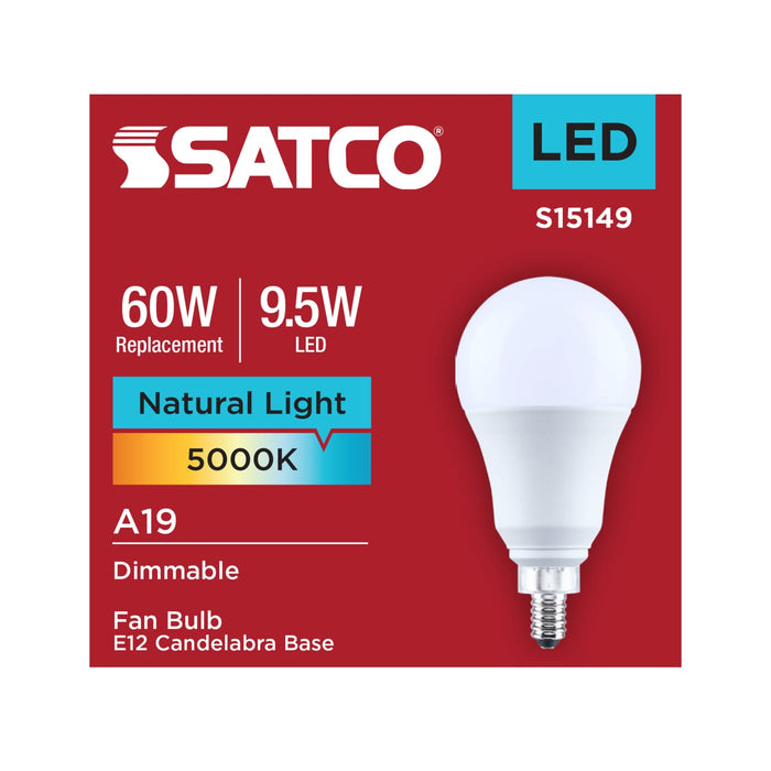 SATCO/NUVO 9.5W LED A19 Candelabra E12 Base 5000K 80 CRI Plastic Dimmable 120V (S15149)