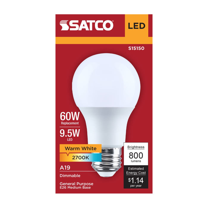 SATCO/NUVO 9.5W LED A19 Medium E26 Base 2700K 90 CRI Plastic Dimmable 120V (S15150)