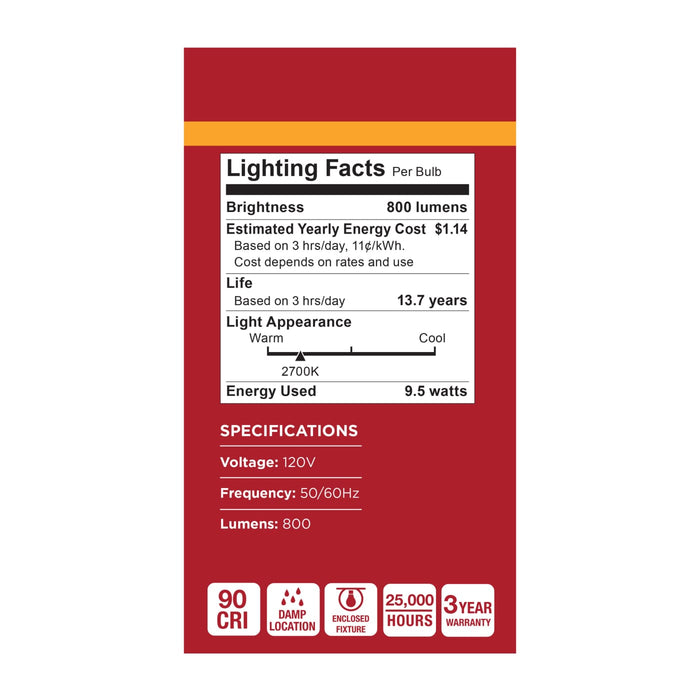 SATCO/NUVO 9.5W LED A19 Medium E26 Base 2700K 90 CRI Plastic Dimmable 120V (S15150)