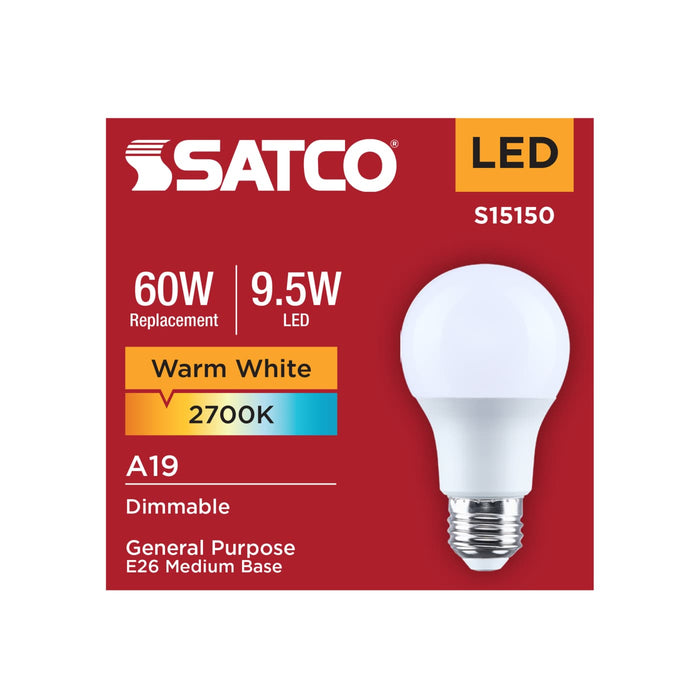 SATCO/NUVO 9.5W LED A19 Medium E26 Base 2700K 90 CRI Plastic Dimmable 120V (S15150)
