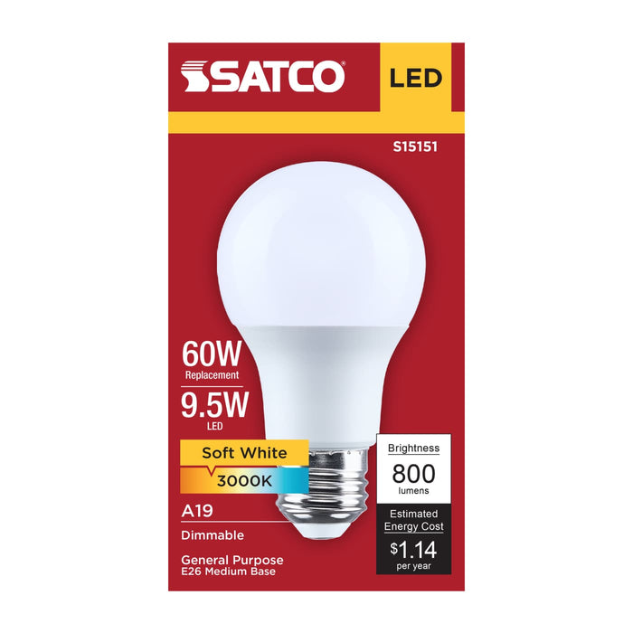 SATCO/NUVO 9.5W LED A19 Medium E26 Base 3000K 90 CRI Plastic Dimmable 120V (S15151)