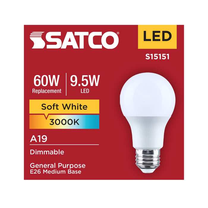 SATCO/NUVO 9.5W LED A19 Medium E26 Base 3000K 90 CRI Plastic Dimmable 120V (S15151)