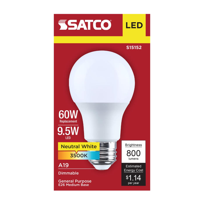 SATCO/NUVO 9.5W LED A19 Medium E26 Base 3500K 90 CRI Plastic Dimmable 120V (S15152)