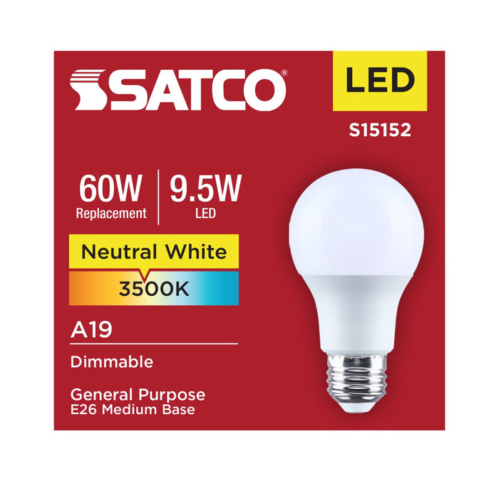 SATCO/NUVO 9.5W LED A19 Medium E26 Base 3500K 90 CRI Plastic Dimmable 120V (S15152)