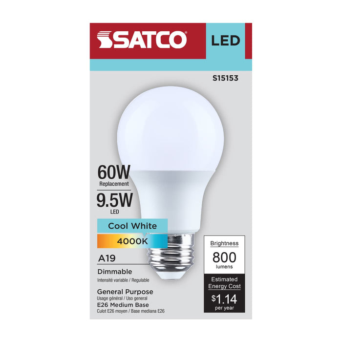 SATCO/NUVO 9.5W LED A19 Medium E26 Base 4000K 90 CRI Plastic Dimmable 120V (S15153)