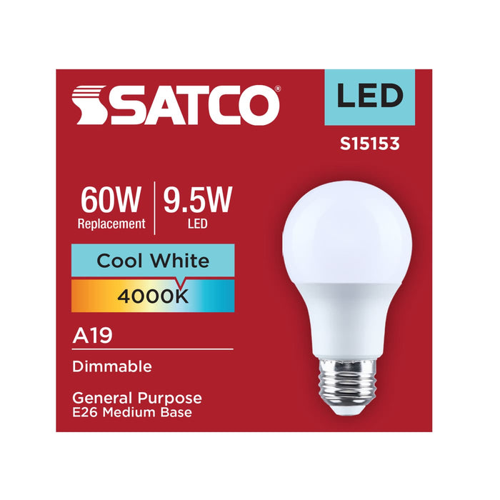 SATCO/NUVO 9.5W LED A19 Medium E26 Base 4000K 90 CRI Plastic Dimmable 120V (S15153)