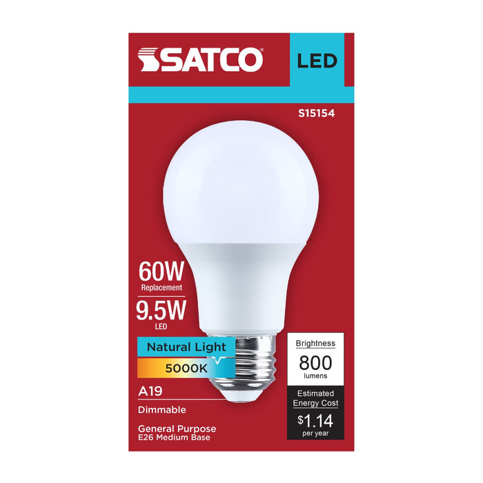 SATCO/NUVO 9.5W LED A19 Medium E26 Base 5000K 90 CRI Plastic Dimmable 120V (S15154)