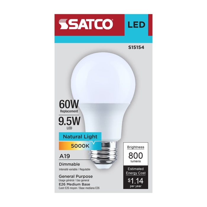 SATCO/NUVO 9.5W LED A19 Medium E26 Base 5000K 90 CRI Plastic Dimmable 120V (S15154)