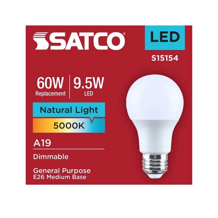 SATCO/NUVO 9.5W LED A19 Medium E26 Base 5000K 90 CRI Plastic Dimmable 120V (S15154)