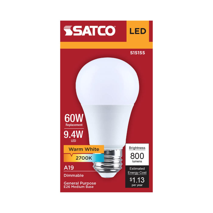 SATCO/NUVO 9.4W LED A19 Medium E26 Base 2700K 90 CRI Plastic Dimmable 120V (S15155)