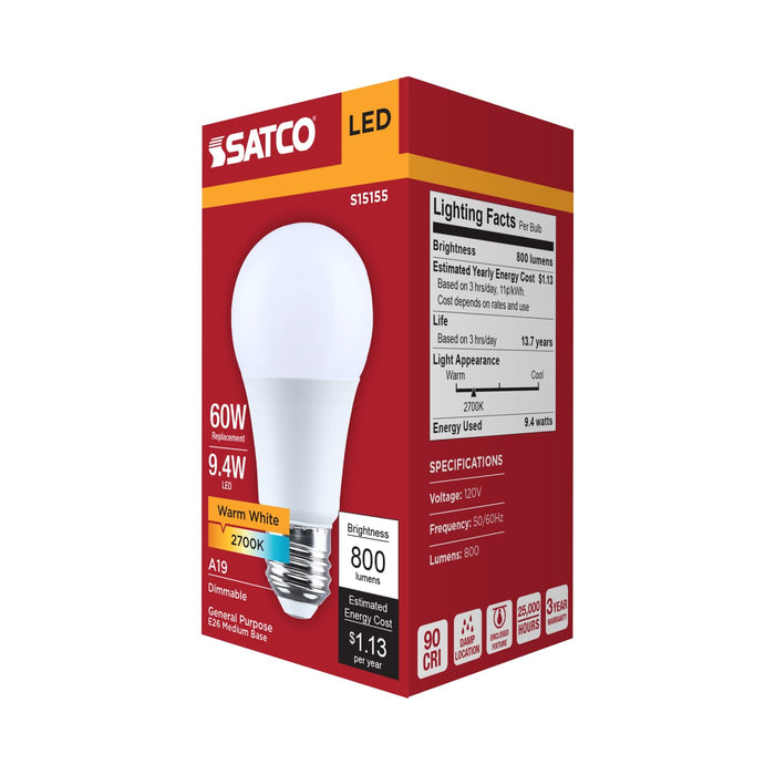 SATCO/NUVO 9.4W LED A19 Medium E26 Base 2700K 90 CRI Plastic Dimmable 120V (S15155)