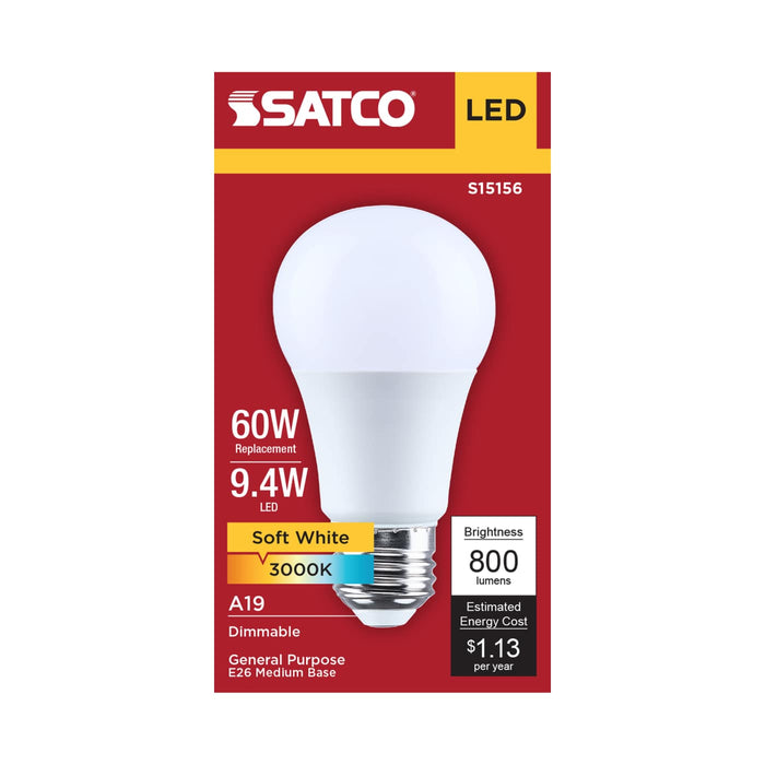 SATCO/NUVO 9.4W LED A19 Medium E26 Base 3000K 90 CRI Plastic Dimmable 120V (S15156)
