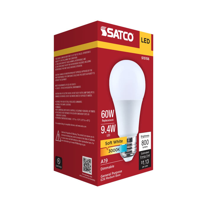 SATCO/NUVO 9.4W LED A19 Medium E26 Base 3000K 90 CRI Plastic Dimmable 120V (S15156)