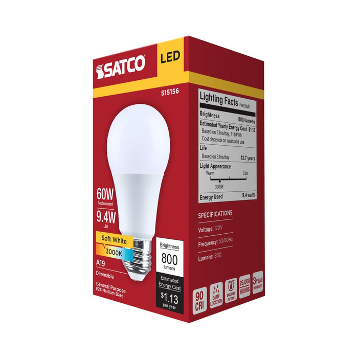SATCO/NUVO 9.4W LED A19 Medium E26 Base 3000K 90 CRI Plastic Dimmable 120V (S15156)