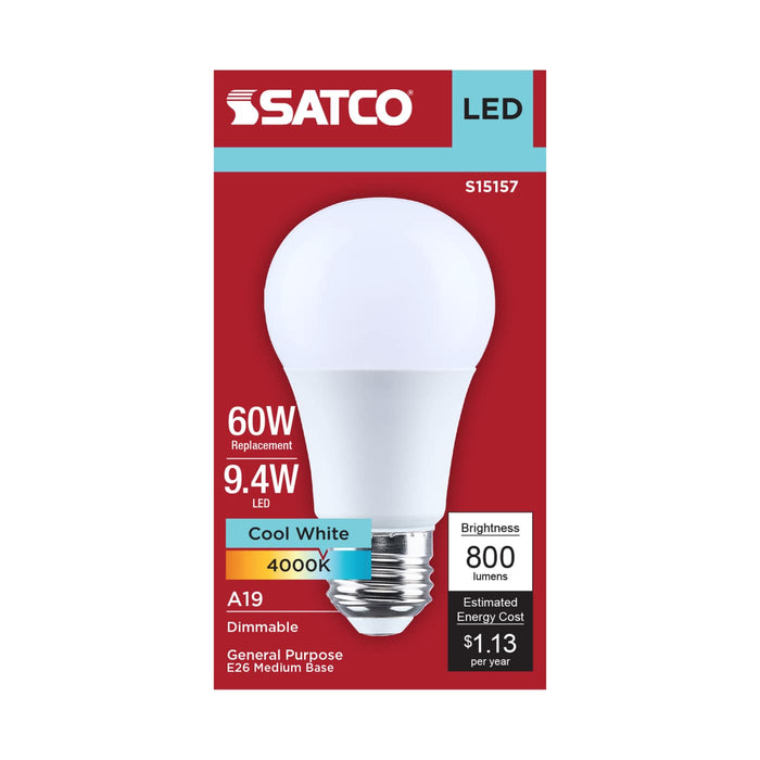 SATCO/NUVO 9.4W LED A19 Medium E26 Base 4000K 90 CRI Plastic Dimmable 120V (S15157)