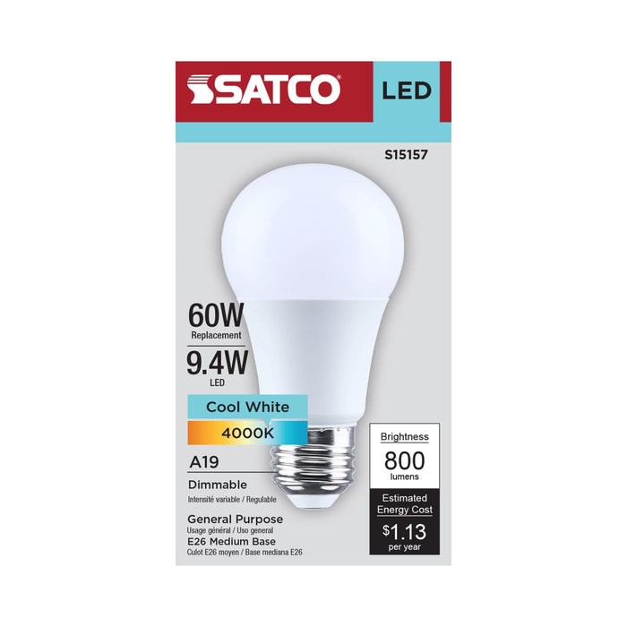 SATCO/NUVO 9.4W LED A19 Medium E26 Base 4000K 90 CRI Plastic Dimmable 120V (S15157)
