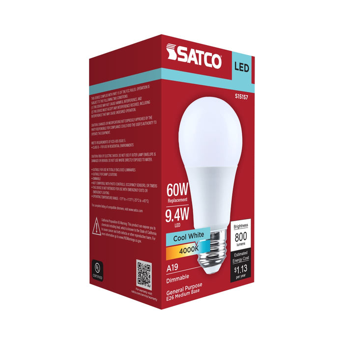 SATCO/NUVO 9.4W LED A19 Medium E26 Base 4000K 90 CRI Plastic Dimmable 120V (S15157)