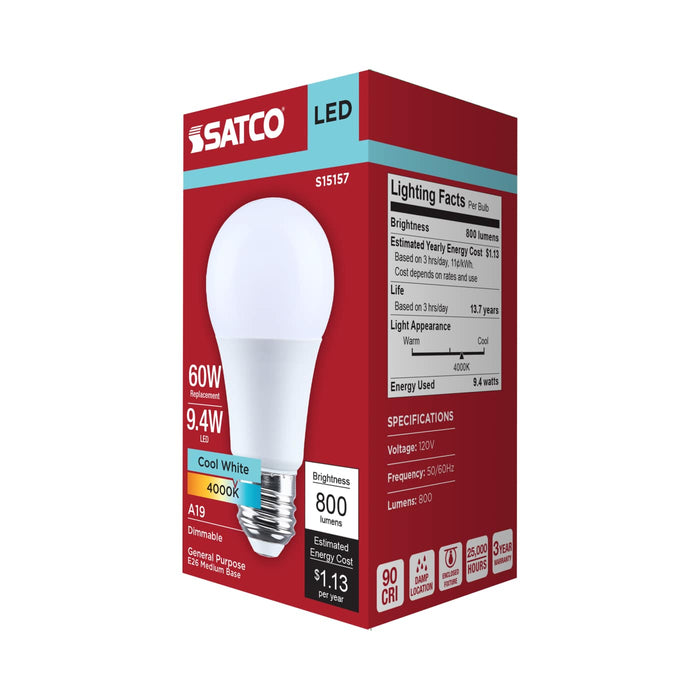 SATCO/NUVO 9.4W LED A19 Medium E26 Base 4000K 90 CRI Plastic Dimmable 120V (S15157)