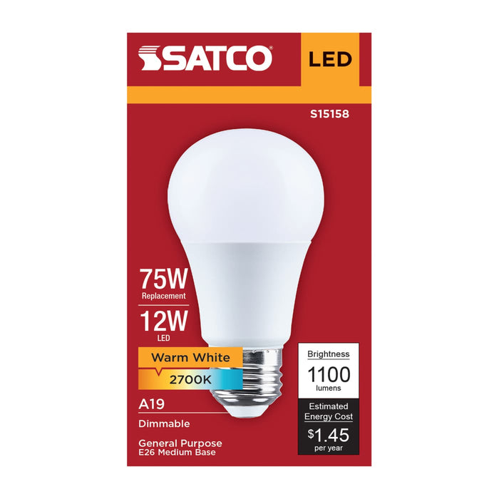 SATCO/NUVO 12W LED A19 Medium E26 Base 2700K 80 CRI Plastic Dimmable 120V (S15158)