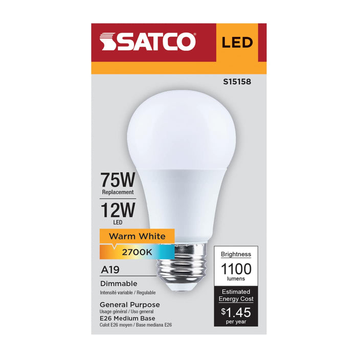 SATCO/NUVO 12W LED A19 Medium E26 Base 2700K 80 CRI Plastic Dimmable 120V (S15158)