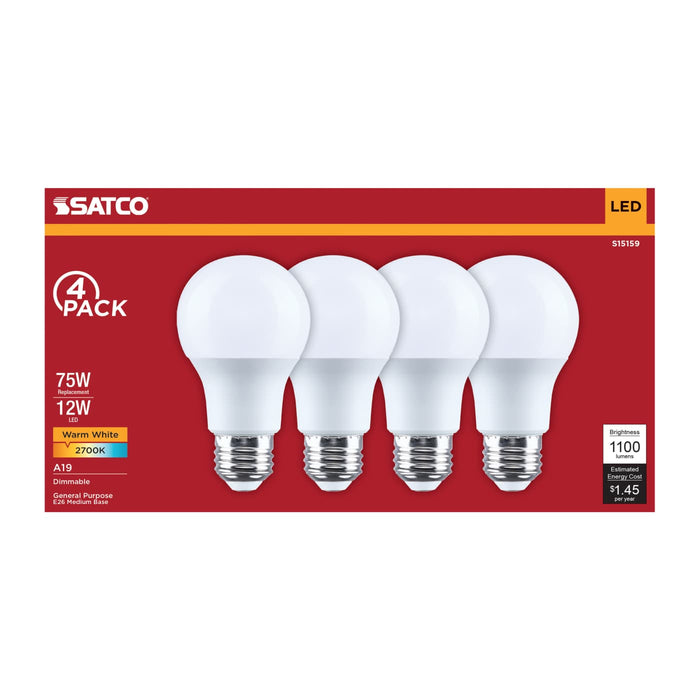 SATCO/NUVO 12W LED A19 Medium E26 Base 2700K 80 CRI Plastic Dimmable 120V 4-Pack (S15159)
