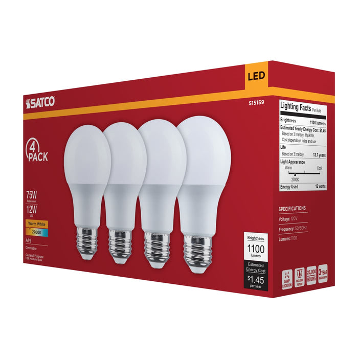 SATCO/NUVO 12W LED A19 Medium E26 Base 2700K 80 CRI Plastic Dimmable 120V 4-Pack (S15159)