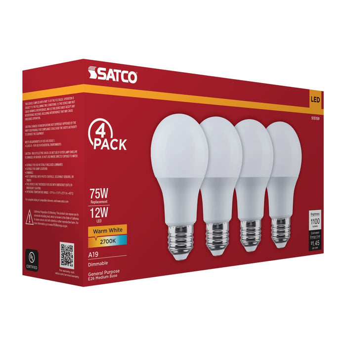 SATCO/NUVO 12W LED A19 Medium E26 Base 2700K 80 CRI Plastic Dimmable 120V 4-Pack (S15159)