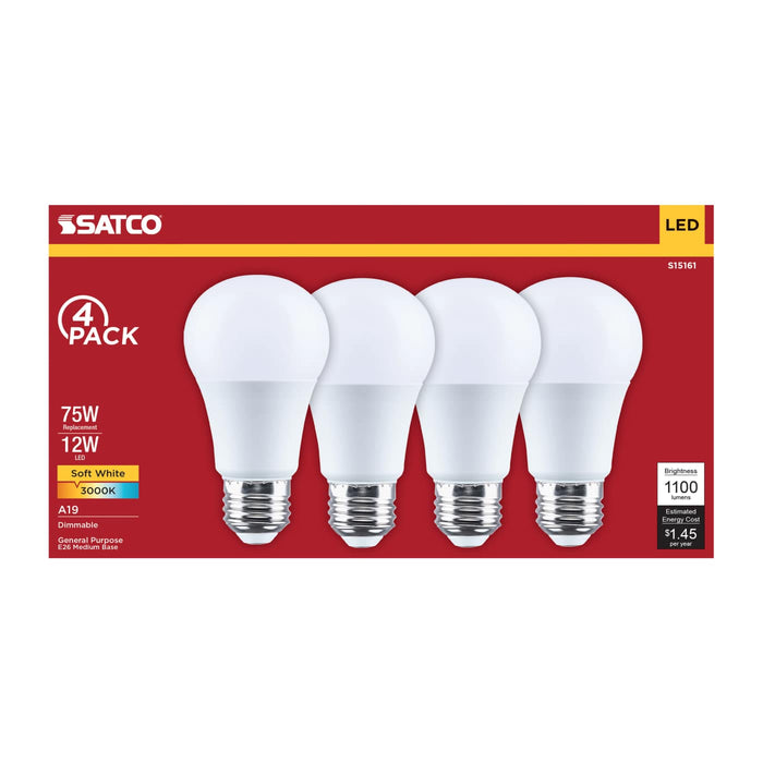 SATCO/NUVO 12W LED A19 Medium E26 Base 3000K 80 CRI Plastic Dimmable 120V 4-Pack (S15161)