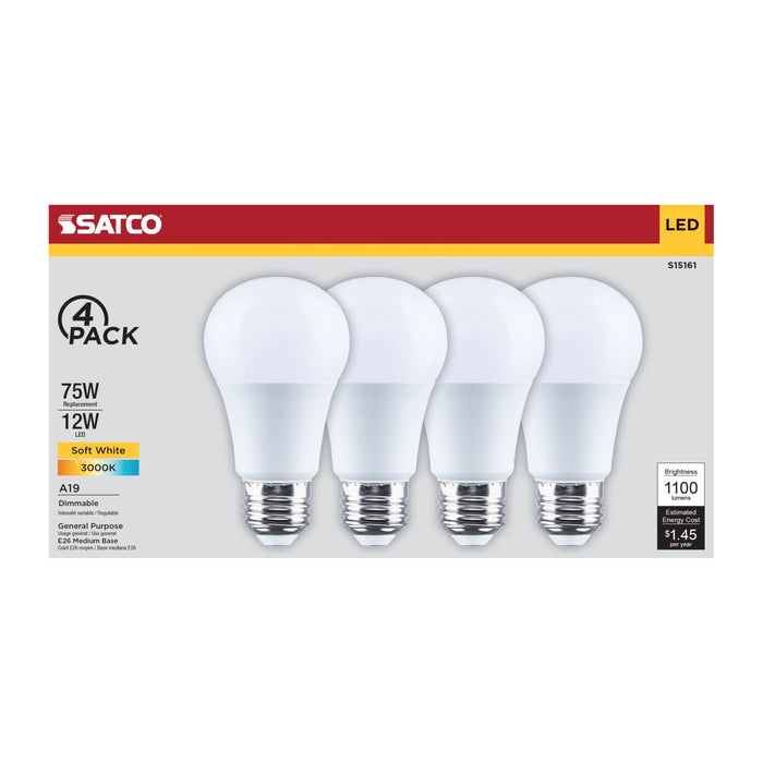 SATCO/NUVO 12W LED A19 Medium E26 Base 3000K 80 CRI Plastic Dimmable 120V 4-Pack (S15161)
