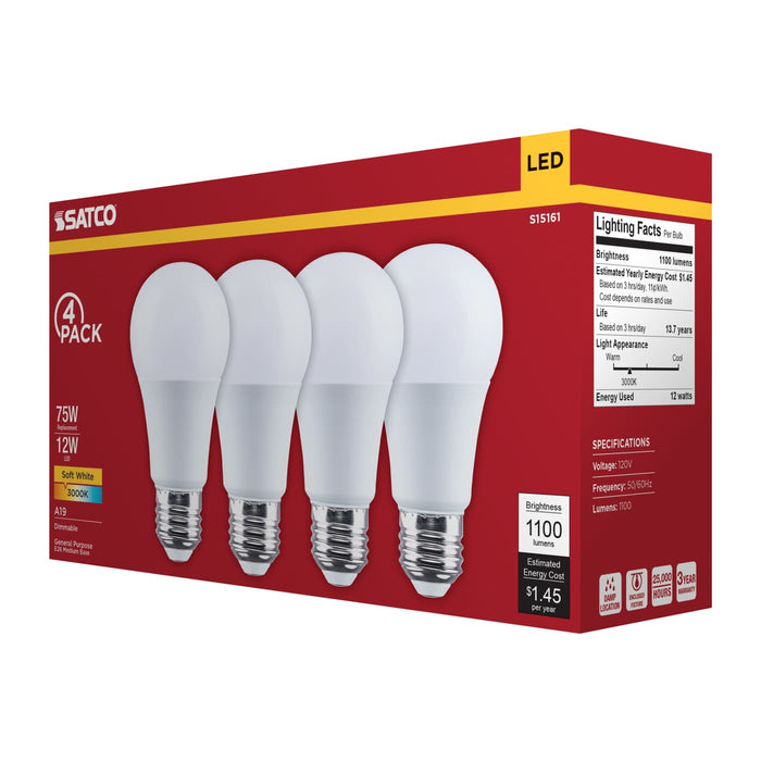 SATCO/NUVO 12W LED A19 Medium E26 Base 3000K 80 CRI Plastic Dimmable 120V 4-Pack (S15161)