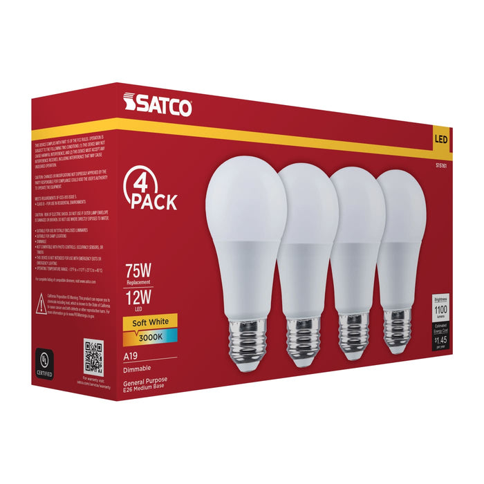 SATCO/NUVO 12W LED A19 Medium E26 Base 3000K 80 CRI Plastic Dimmable 120V 4-Pack (S15161)