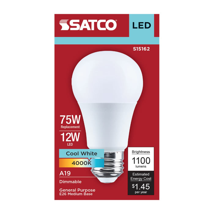 SATCO/NUVO 12W LED A19 Medium E26 Base 4000K 80 CRI Plastic Dimmable 120V (S15162)